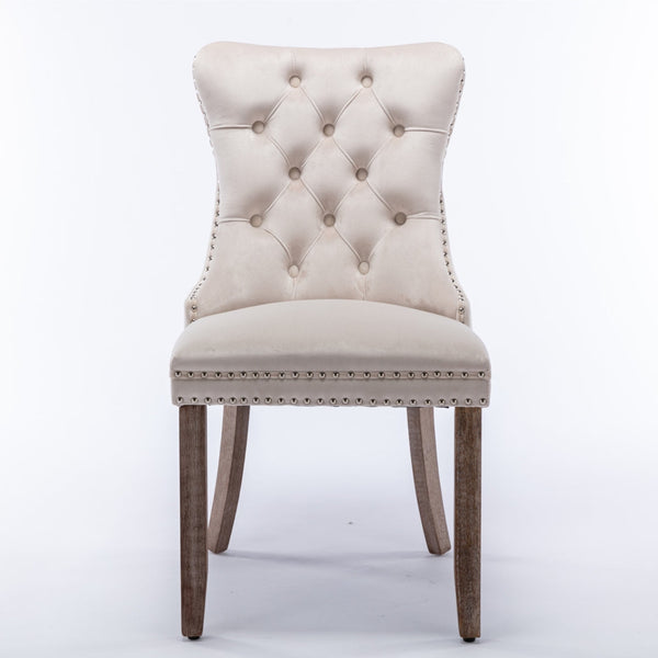 Dining Chairs 2X Velvet Upholstered Tufted Kithcen With Solid Wood Legs Stud Trim And Ring Beige