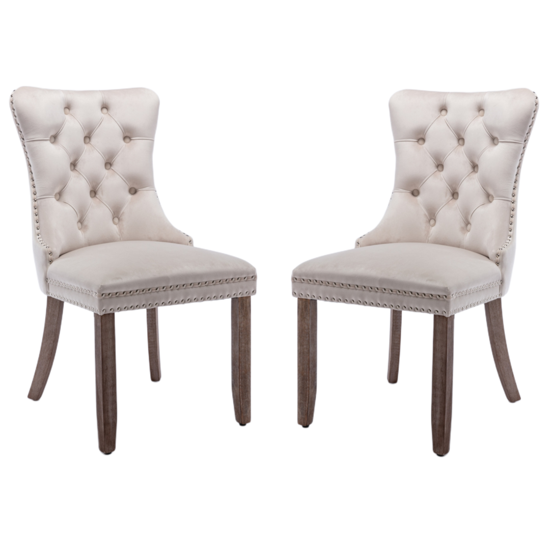 Dining Chairs 2X Velvet Upholstered Tufted Kithcen With Solid Wood Legs Stud Trim And Ring Beige