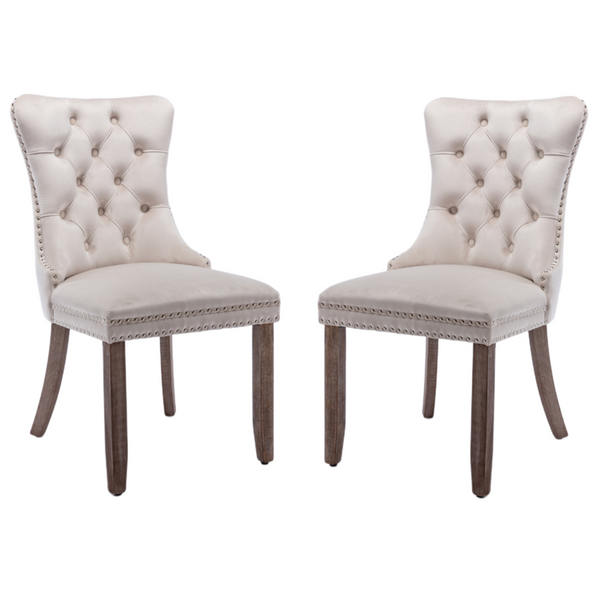 Dining Chairs 2X Velvet Upholstered Tufted Kithcen With Solid Wood Legs Stud Trim And Ring Beige