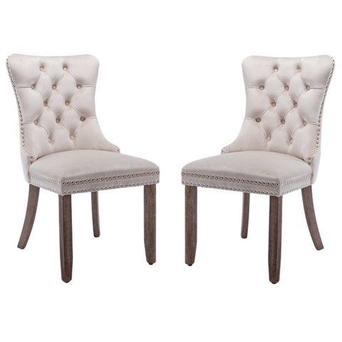 Dining Chairs 2X Velvet Upholstered Tufted Kithcen With Solid Wood Legs Stud Trim And Ring Beige