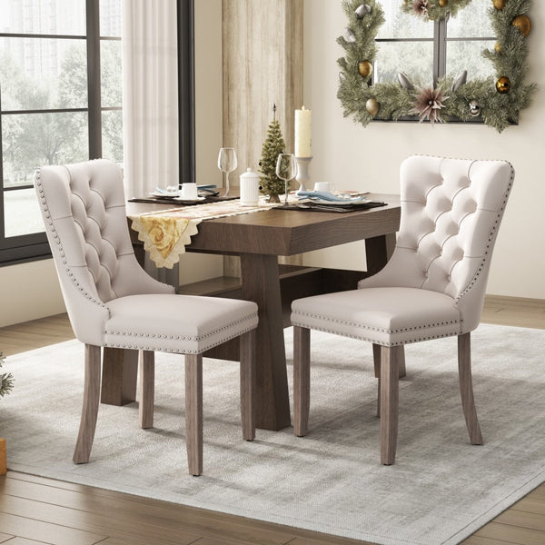 Dining Chairs 2X Velvet Upholstered Tufted Kithcen With Solid Wood Legs Stud Trim And Ring Beige