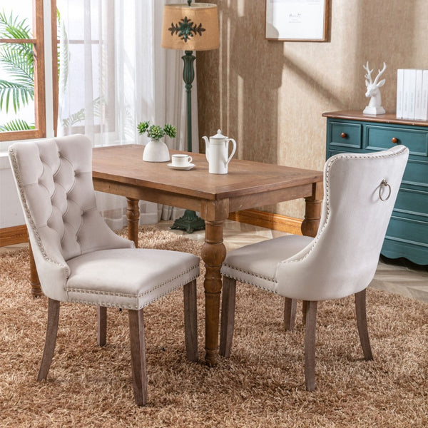 Dining Chairs 2X Velvet Upholstered Tufted Kithcen With Solid Wood Legs Stud Trim And Ring Beige