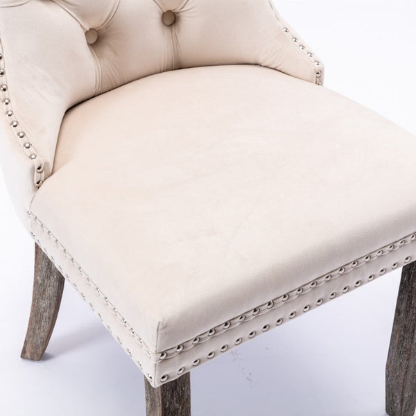 Dining Chairs 2X Velvet Upholstered Tufted Kithcen With Solid Wood Legs Stud Trim And Ring Beige