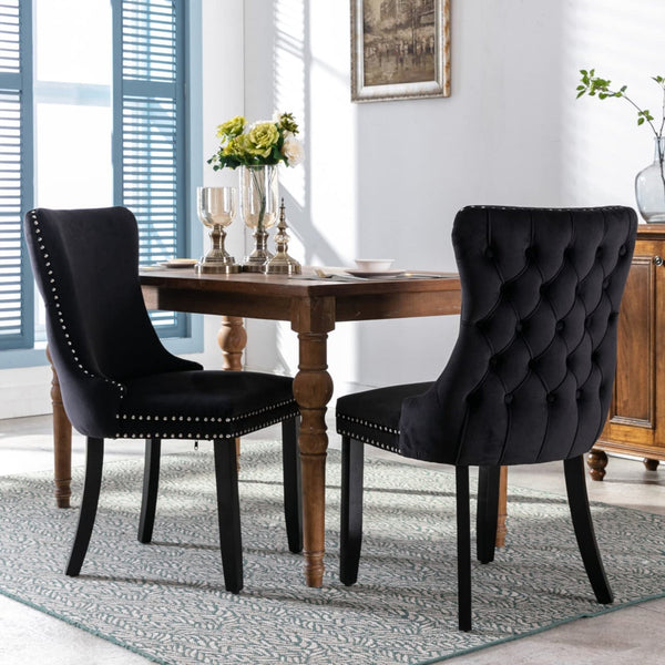 Dining Chairs 2X Velvet Upholstered Tufted Wingback Side With Studs Trim Solid Wood Legs For Kitchen