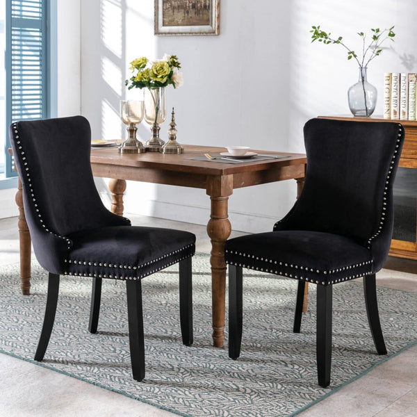 Dining Chairs 2X Velvet Upholstered Tufted Wingback Side With Studs Trim Solid Wood Legs For Kitchen