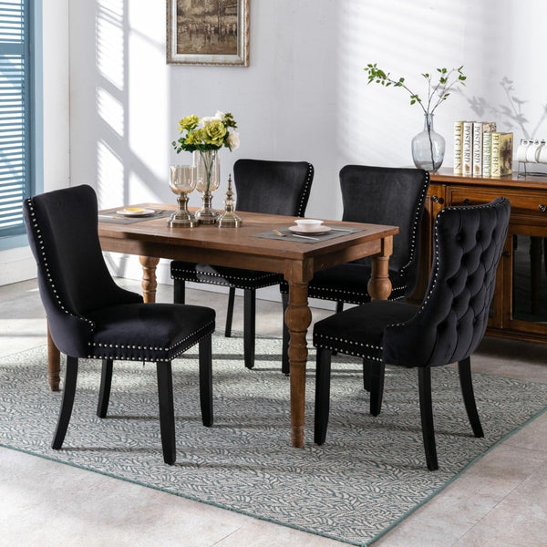 Dining Chairs 2X Velvet Upholstered Tufted Wingback Side With Studs Trim Solid Wood Legs For Kitchen