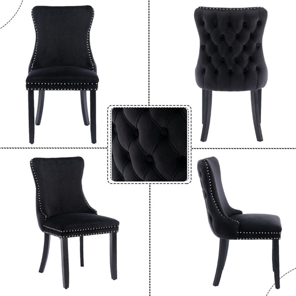 Dining Chairs 2X Velvet Upholstered Tufted Wingback Side With Studs Trim Solid Wood Legs For Kitchen