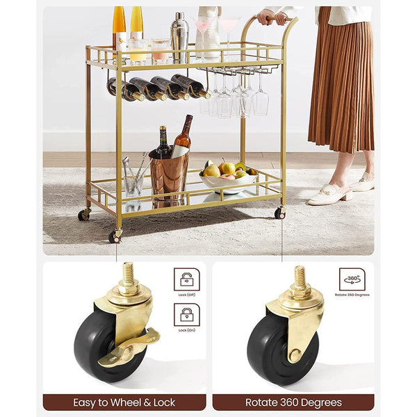 Vasagle Gold Bar Serving Wine Cart With Wheels And Bottle Holders Lrc090a03