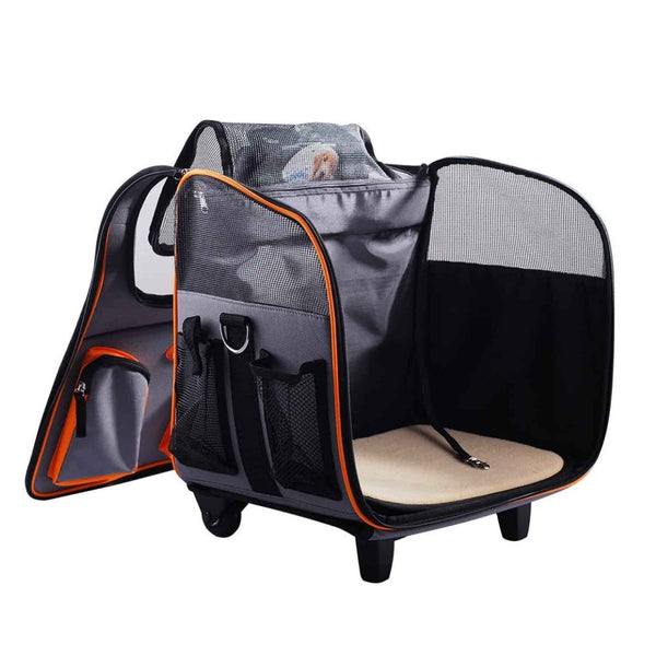 Pet Transport Pet Trolley Dog Cat Puppy Travel Wheeled Cart Portable Foldable Carrier Orange