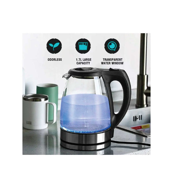 Kettles 1.7L Electric Glass Kettle Led Blue Light 360 Automatic Cordless Water Boiling Jug