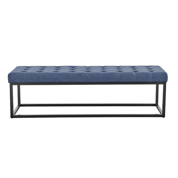 Sarantino Cameron Button-Tufted Upholstered Bench With Metal Legs Blue Linen