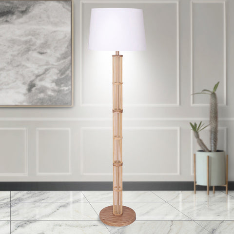 Sarantino Rattan Floor Lamp With Off-White Linen Shade By