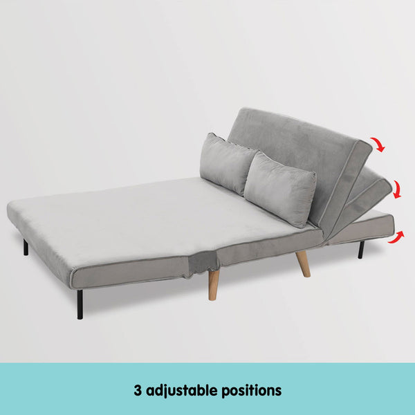 Sarantino 2-Seater Adjustable Sofa Bed Lounge Faux Velvet Light Grey