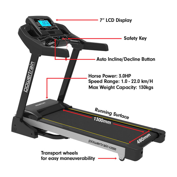 Powertrain K2000 Treadmill W/ Fan & Auto Incline Speed 22Km/H