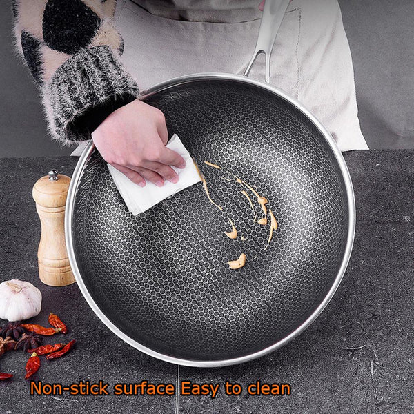 Frying & Grill Pans 32Cm 316 Stainless Steel Non Stick Stir Fry Cooking Kitchen Wok Pan With Lid Honeycomb Double Sided