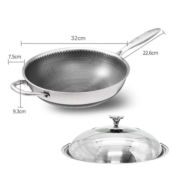 Frying & Grill Pans 32Cm 316 Stainless Steel Non Stick Stir Fry Cooking Kitchen Wok Pan With Lid Honeycomb Double Sided