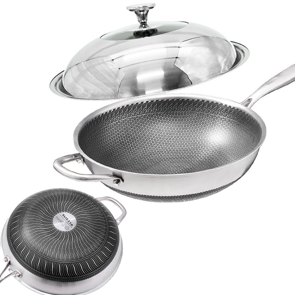 Frying & Grill Pans 32Cm 316 Stainless Steel Non Stick Stir Fry Cooking Kitchen Wok Pan With Lid Honeycomb Double Sided