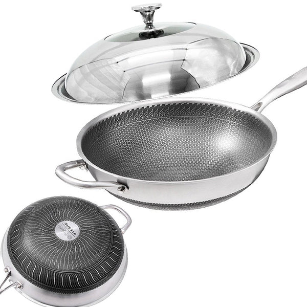 Frying & Grill Pans 32Cm 316 Stainless Steel Non Stick Stir Fry Cooking Kitchen Wok Pan With Lid Honeycomb Double Sided