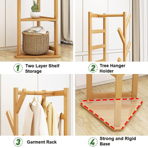 Garment Racks Bamboo Clothes Coat Rack Garment Stand Shelf Tree Hanger Bag Hat Hook Holder Natural