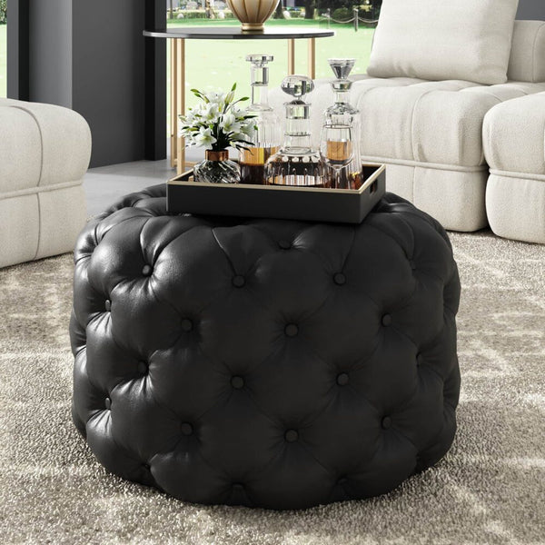 Ottomans, Footstools & Poufs Contemporary Black Leather Look Ottoman With Button