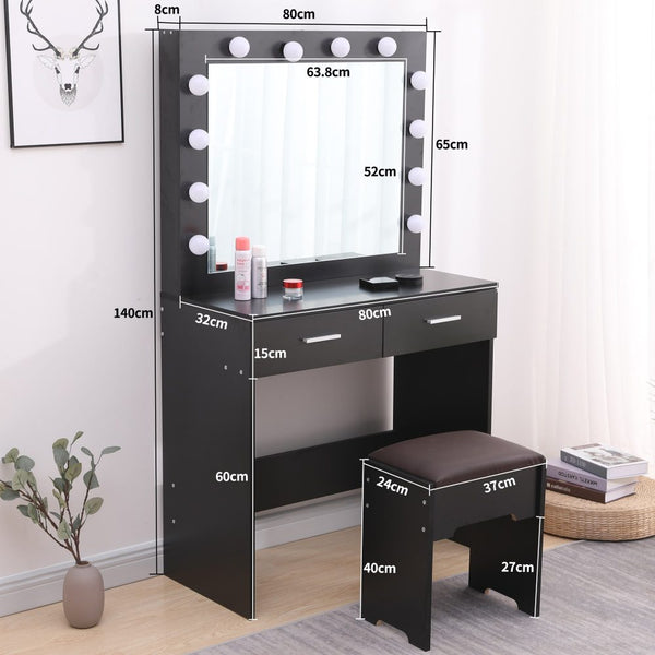 Dressing Tables Fidel Vanity Set With Cushioned Stool And Lighted Mirror Black