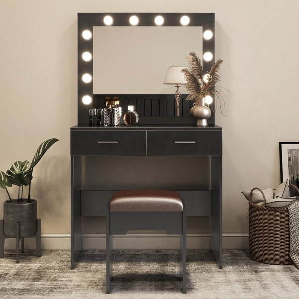 Dressing Tables Fidel Vanity Set With Cushioned Stool And Lighted Mirror Black