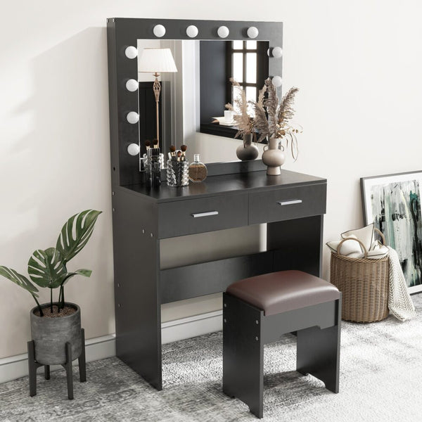 Dressing Tables Fidel Vanity Set With Cushioned Stool And Lighted Mirror Black