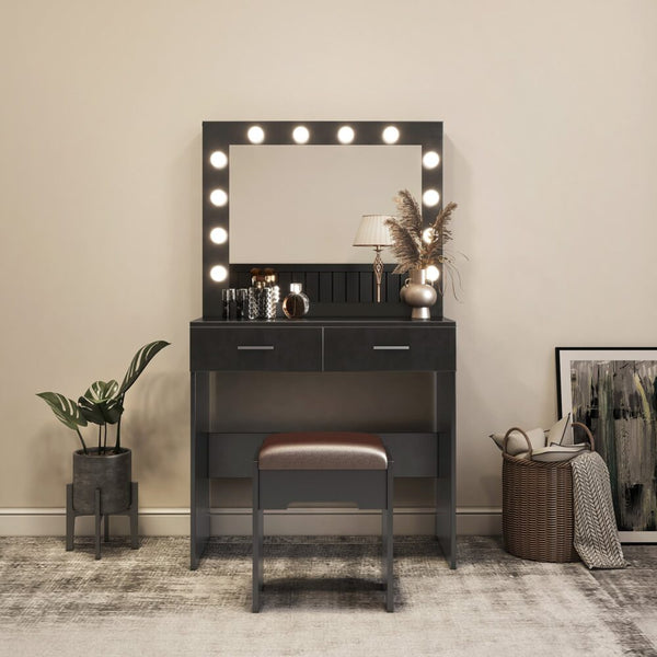 Dressing Tables Fidel Vanity Set With Cushioned Stool And Lighted Mirror Black