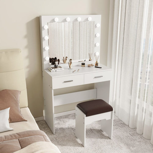 Dressing Tables Fidel Vanity Set With Cushioned Stool And Lighted Mirror White