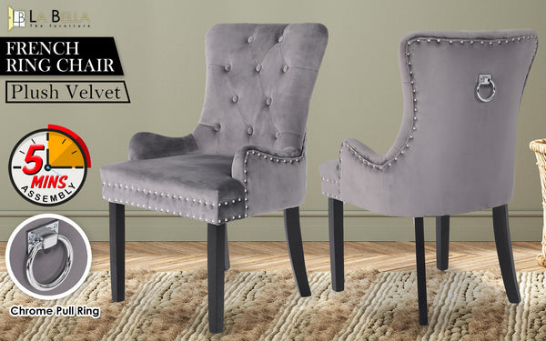 Dining Chairs La Bella Grey French Provincial Dining Chair Ring Studded Lisse Velvet Rubberwood