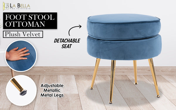 Ottomans, Footstools & Poufs La Bella Navy Blue Round Ottoman Foot Stool Velvet Fabric Metal Leg