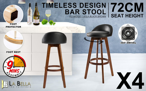 La Bella 4 Set 72Cm Black Brown Wooden Bar Stool Leila Leather