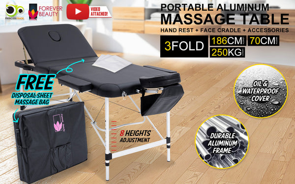 Forever Beauty Black Portable Massage Table Bed Therapy Waxing 3 Fold 70Cm Aluminium