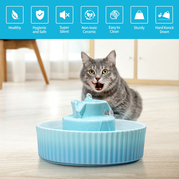 Blue Ceramic Electric Pet Water Fountain Dog Cat Feeder Bowl Dispenser