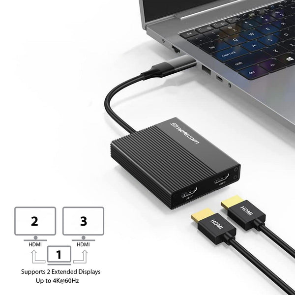 Simplecom Da369 Usb 3.0 Or Usb-C To Dual 4K Hdmi 2.0 Display Adapter For 2X 4K@60Hz Extended Screens