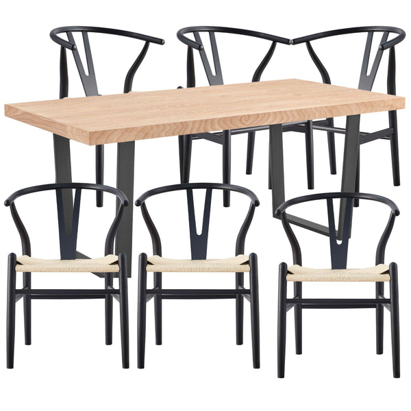 Dining Sets Petunia 7Pc 180Cm Dining Table Set 6 Wishbone Chair Elm Timber Wood Metal Leg