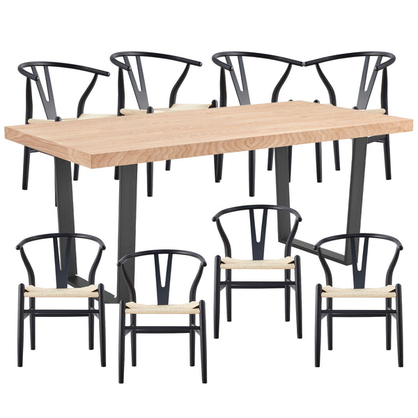 Dining Sets Petunia 9Pc 210Cm Dining Table Set 8 Wishbone Chair Elm Timber Wood Metal Leg