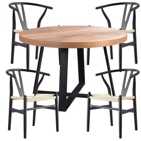 Dining Sets Petunia 5Pc 120Cm Round Dining Table Set 4 Wishbone Chair Elm Timber Wood