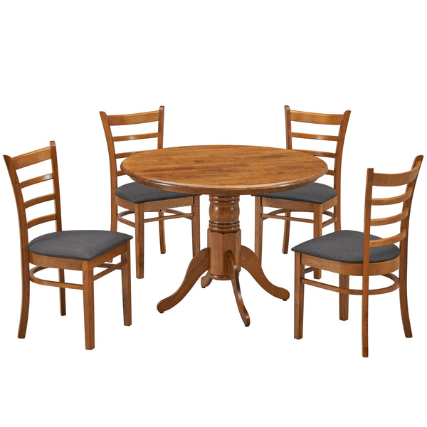 Dining Sets Linaria 5Pc Dining Set 106Cm Round Pedestral Table 4 Fabric Seat Chair Walnut