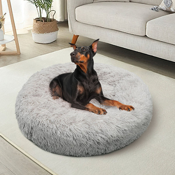Pet Dog Bed Bedding Warm Plush Round Comfortable Nest Light Grey Large 90Cm