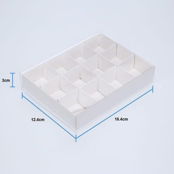 100 Pack Of White Card Chocolate Sweet Soap Product Reatail Gift Box - 12 Bay 4X4x3cm Compartments Clear Slide On Lid 16X12x3cm