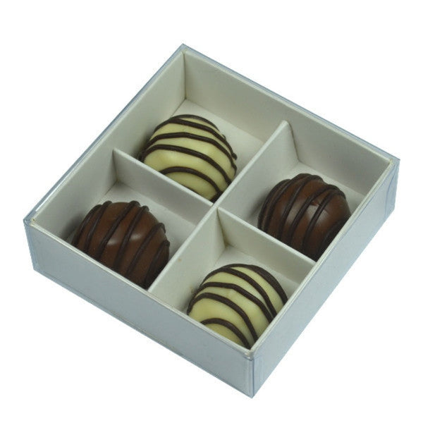 100 Pack Of White Card Chocolate Sweet Soap Product Reatail Gift Box - 4 Bay Compartments Clear Slide On Lid 8X8x3cm