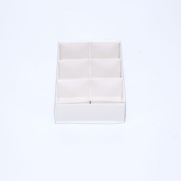100 Pack Of White Card Chocolate Sweet Soap Product Reatail Gift Box - 6 Bay Compartments Clear Slide On Lid 12X8x3cm