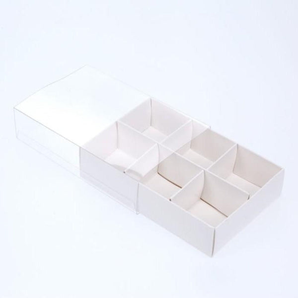 100 Pack Of White Card Chocolate Sweet Soap Product Reatail Gift Box - 6 Bay Compartments Clear Slide On Lid 12X8x3cm