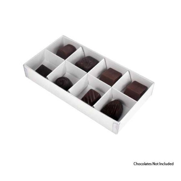 100 Pack Of White Card Chocolate Sweet Soap Product Reatail Gift Box - 8 Bay 3Cm Compartments Clear Slide On Lid 16X8x3cm
