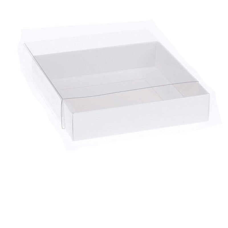 100 Pack Of 15Cm Square Invitation Coaster Favor Function Product Presentation Cookie Biscuit Patisserie Gift Box - 4Cm Deep White Card With Clear Slide On Pvc Lid