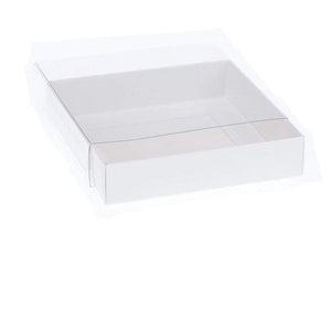 100 Pack Of 15Cm Square Invitation Coaster Favor Function Product Presentation Cookie Biscuit Patisserie Gift Box - 4Cm Deep White Card With Clear Slide On Pvc Lid