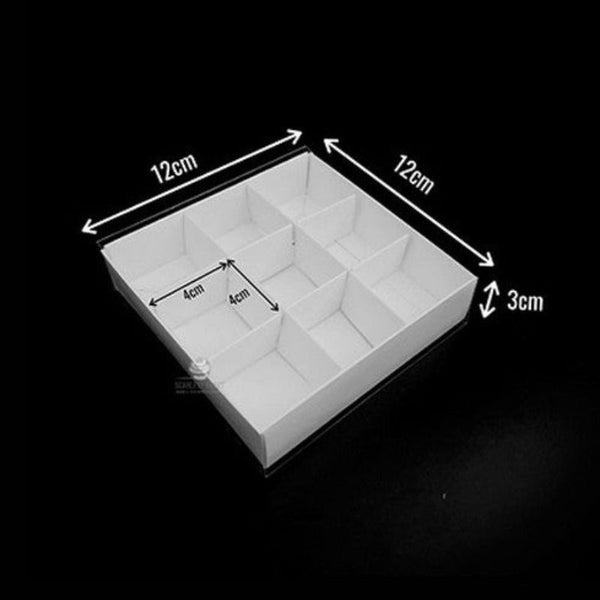50 Pack Of White Card Chocolate Sweet Soap Product Reatail Gift Box - 9 Bay 4X4x3cm Compartments Clear Slide On Lid 12X12x3cm