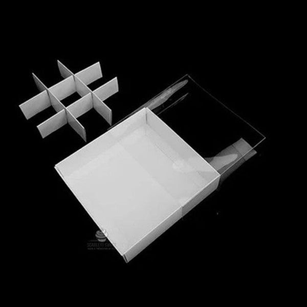 50 Pack Of White Card Chocolate Sweet Soap Product Reatail Gift Box - 9 Bay 4X4x3cm Compartments Clear Slide On Lid 12X12x3cm