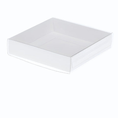 50 Pack Of 10Cm Square Invitation Coaster Favor Function Product Presentation Cookie Biscuit Patisserie Gift Box - 2Cm Deep White Card With Clear Slide On Pvc Lid